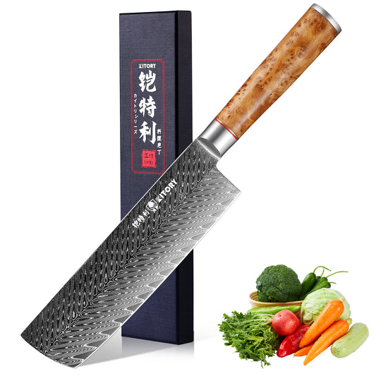 KITORY Damascus Nakiri Knife, 7“ Ultra Sharp Kitchen Knife - High Carbon 73-Layer 10Cr15CoMoV Stainless Steel - with White Shadow Wood Handle, for Kitchen and Restaurant, 2025 Gift - KITORY Cutlery