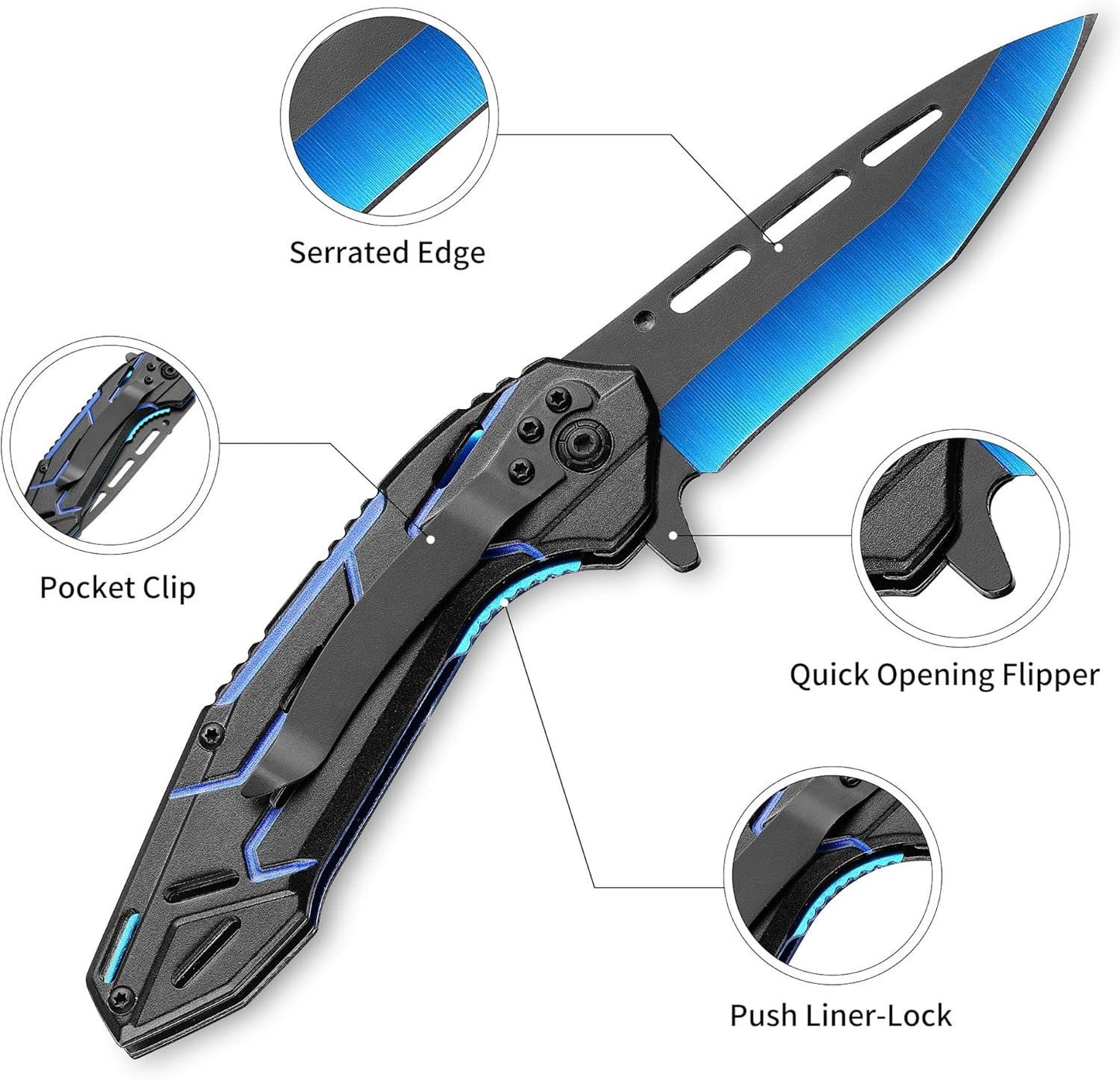 Kitory 3.3" Blue Devil Folding Pocket Knife with 8Cr15MoV Stainless Steels Blade - KITORY Cutlery
