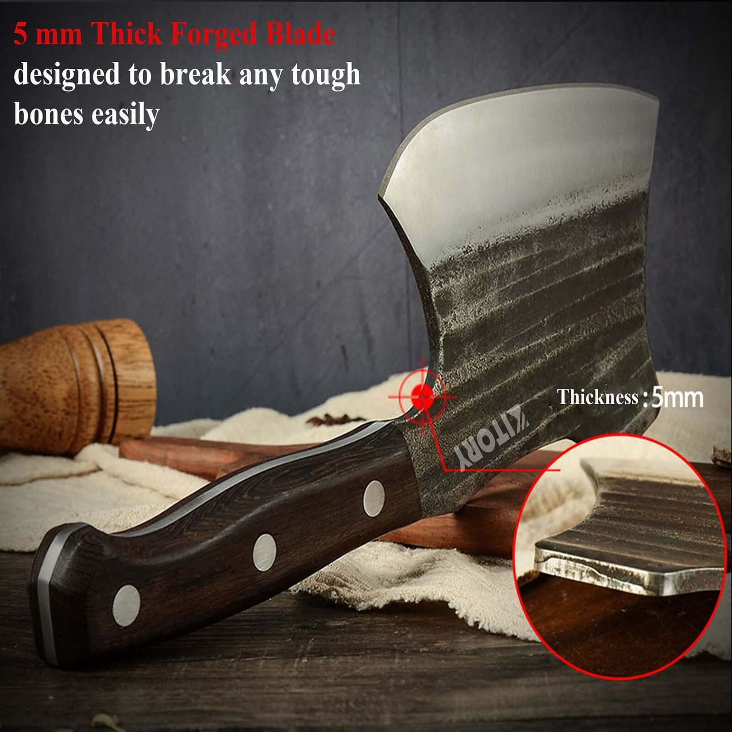 Kitory Heavy Duty Meat Cleaver Full Tang High Carbon Steel Wood Handle