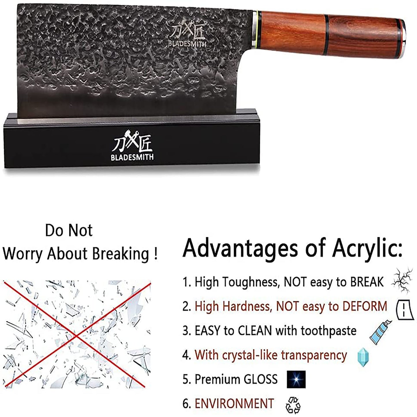 Knife Block 8 Inch Anti-Shatter Hand Polished Acrylic Knife Holder Without Knives Black
