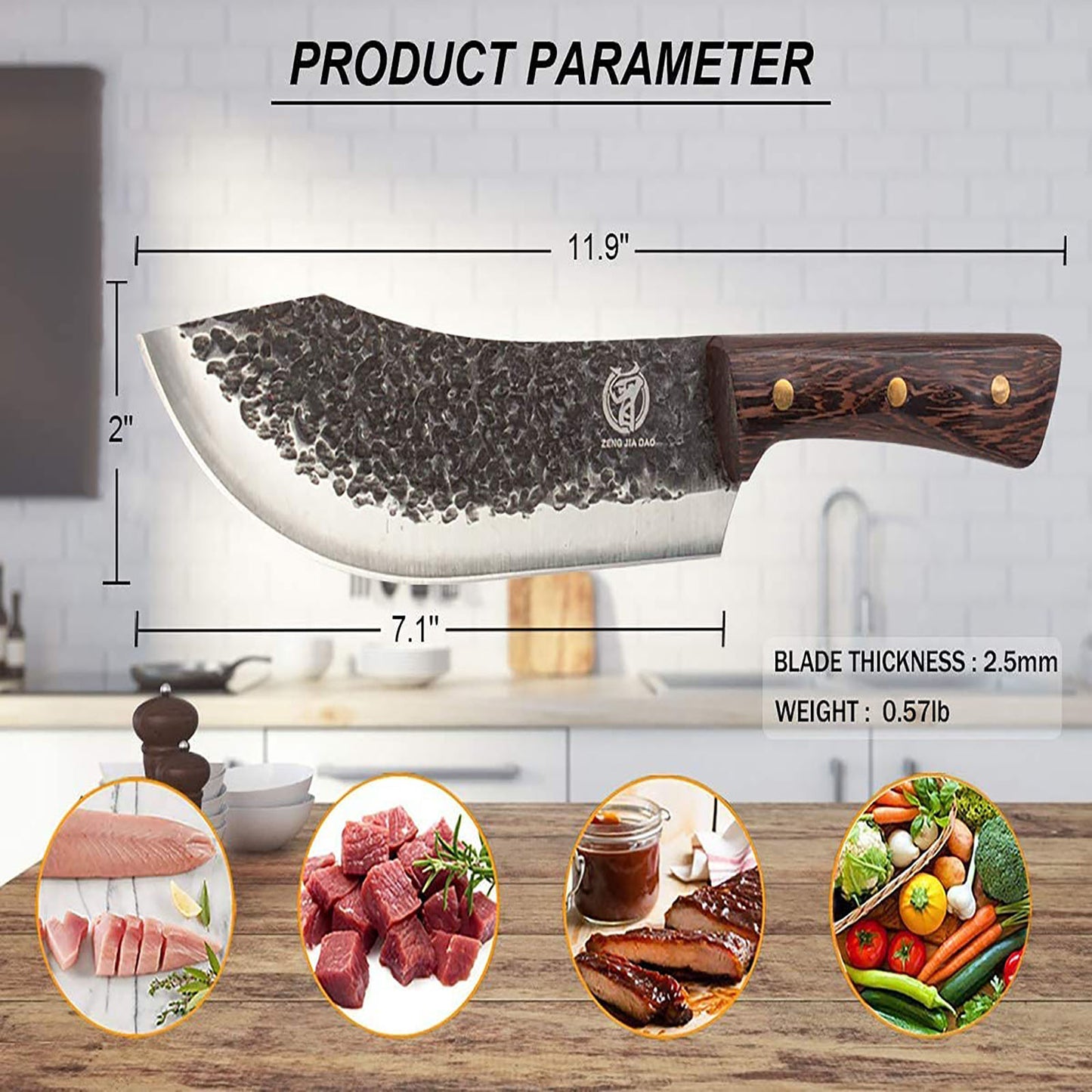 ZENG JIA DAO Butcher Knife 7 Inch Vacuum Treated High Carbon Steel