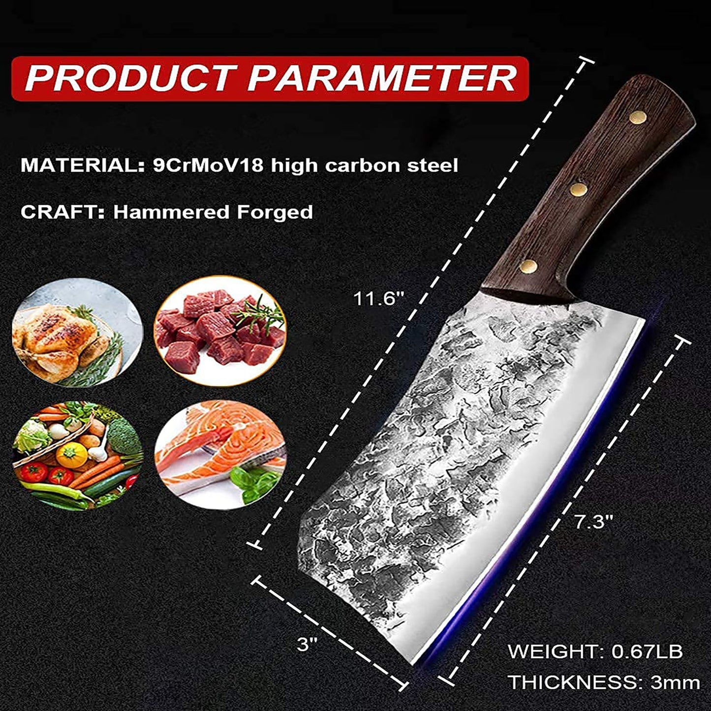 ZENG JIA DAO Meat Cleaver Chinese Knife 7 Inch Hand Made Stainless Steel