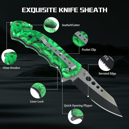 Kitory Pocket knife 3.3", Multi-functional Folding Knife with half-serrated blade edge and Glass Breaker and Seatbelt Cutter, Green Handle, Multi-use tool EDC, 2024 Outdoor Gadget