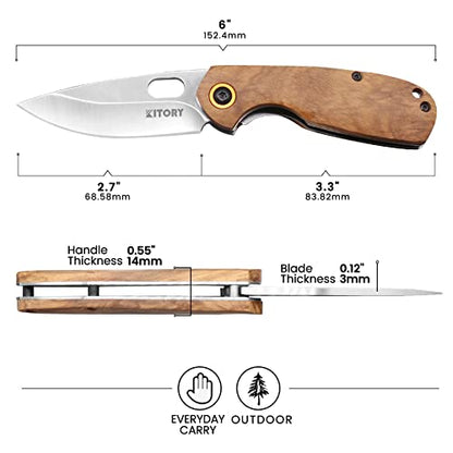 Kitory Pocket Knife 2.7"- EDC- Small Cute Folding Knife, D2 Stainless Sharp Blade with thick Wood Handle with Lanyard Hole, 2023 Gifts For Women and Men