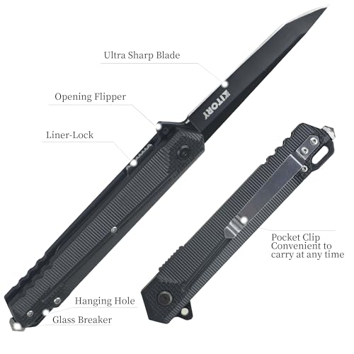 Kitory Pocket Knife, High Carbon Steel Blade and Ergonomic Handle with Glass Breaker and Seatbelt Cutter, Everyday Carry Knife With Pocketclip, Black