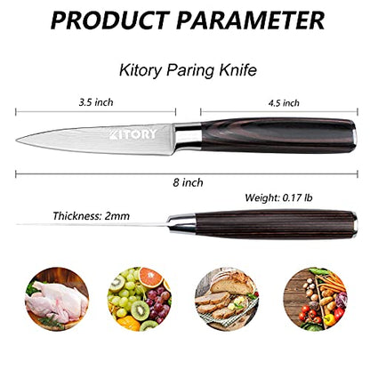 Kitory Paring Knife Fruit Knife Small Kitchen Knife 3.5 Inch 7Cr17MoV German High Carbon Stainless Steel for Fruit and Vegetable Carving Dicing Cutting Chopping Fruits Vegetables 2024 Gift