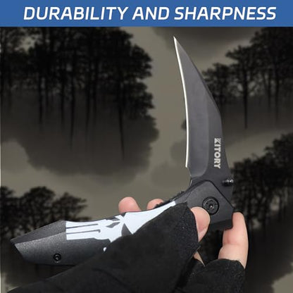 Kitory Pocket Knife, EDC Folding Knife Outdoor, Multi-Purpose Stainless Steel 8Cr15MoV Black Hawkbill Blade,Military Style, Mens Gift