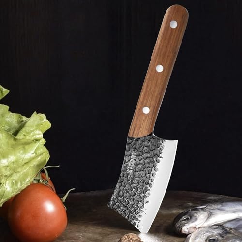 Kitory Cleaver Knife 5'' Professional Kitchen Butcher Cleaver with Anti-Slip Handle for Meat, Vegetables, Bread, Bone, High Carbon-Stainless Steel Kitchen Knife with Ergonomic Wood Handle