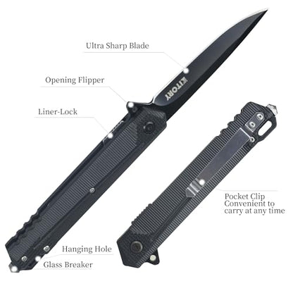 Kitory Pocket Knife, 4 Inch High Carbon Steel Folding Knife, Black Handle,Hunting Survival Outdoor EDC,Unique Outdoor Camping Hiking Fishing Tools Gift Ideas