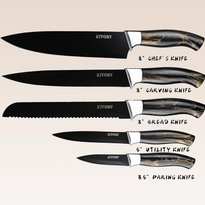 Kitory Kitchen Knife Set with Block 6 Pcs- includes Chefs Knives 8", Carving Slicing Knife 8", Bread,Utility and Paring knives, Black Blade and Handle- Gift Box - 2024 Gifts