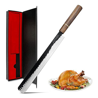 Kitory Slicing Knife 12" - Handmade Carving Slicer Knife for cutting turkey - Forged 9CrMoV18 HC Steel - High Density Wooden Handle - Japanese Kitchen Knife with Gift Box 2024 Gifts