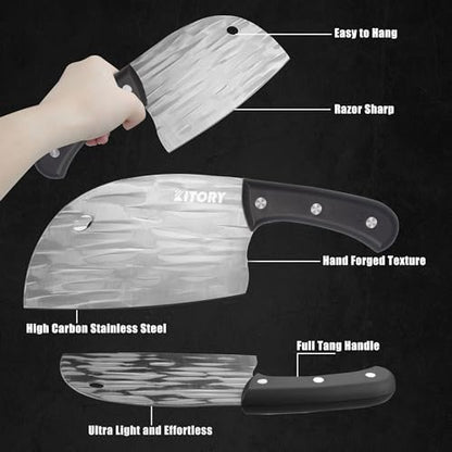 Kitory Serbian Chef Knife, 6" Razor Sharp Meat Cleaver and Vegetable Kitchen Knife, Ultra Thin and Light weight, with Full Tang Black ABS Handle, High Carbon Stainless Steel 2024 Gifts