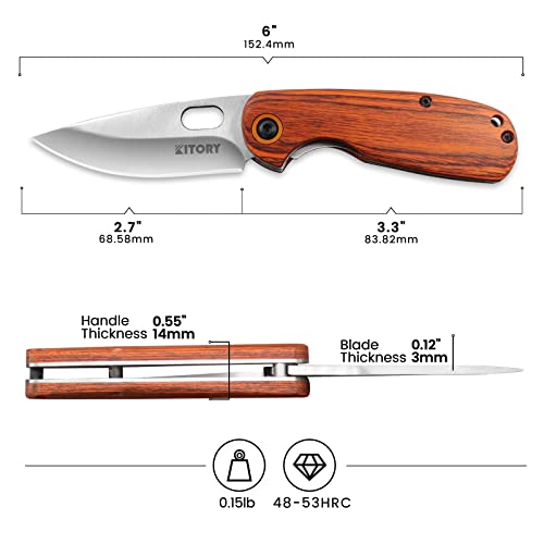 Kitory Pocket Knife 2.7”, Small Wooden Handle Folding Knife, Sharp Blade, wiht Lanyard Hole, good for eveyday carry, 2024 Gifts For Women and Men
