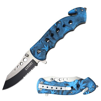 Kitory 3.3” Folding Poket Knife, Open Box Express Knife with Glass Breaker and Seatbelt Cutter, Good for Camping Hunting Survival Outdoor Activities, Blue