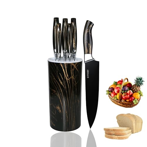 Kitory Kitchen Knife Set with Block 6 Pcs- includes Chefs Knives 8", Carving Slicing Knife 8", Bread,Utility and Paring knives, Black Blade and Handle- Gift Box - 2024 Gifts
