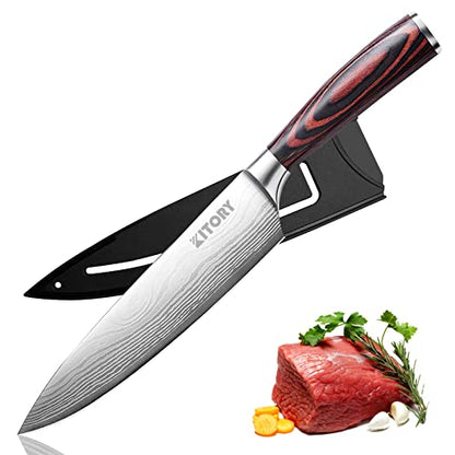 Kitory Chef Knife 8" Gyouto Kitchen Knife with Sheath High Carbon Stainless Steel Cleaver Knife with lasered Damascus Pattern Kitchen Knives with Pakkawood Handle - Christmas Gift 2024