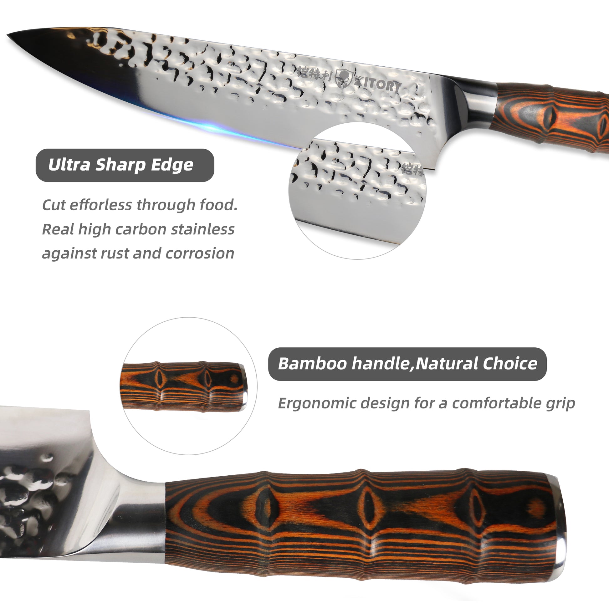 8" Chef Knife, Kitory Kitchen Chef Knives, HC German Stainless Steel, Hammered Ultra Sharp Blade, with Bamboo Handle Cooking Cutlery 2025 Gifts for Home & Restaurant - KITORY Cutlery