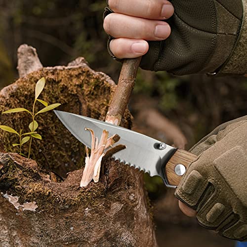 Kitory Pocket Knife with Half-serrated Blade, Folding Knife for Camping Outdoor 8cr13mov Stainless Steel Zebra Wood Handle, 2024 Gifts For Women and Men