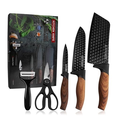 Kitory Embossed Knife Set, 5-Piece Non-Stick Kitchen Knives, 7" Larger Cleaver, 8" Chef knife, 5" Utility Knife, Ceramic Peele and Kitchen Scissors, 2024 Gifts For Women and Men
