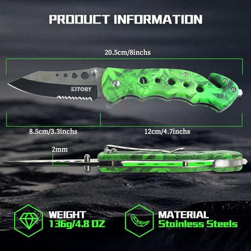 Kitory Pocket knife 3.3", Multi-functional Folding Knife with half-serrated blade edge and Glass Breaker and Seatbelt Cutter, Green Handle, Multi-use tool EDC, 2024 Outdoor Gadget