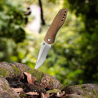 Kitory Pocket Knife with Half-serrated Blade, Folding Knife for Camping Outdoor 8cr13mov Stainless Steel Zebra Wood Handle, 2024 Gifts For Women and Men