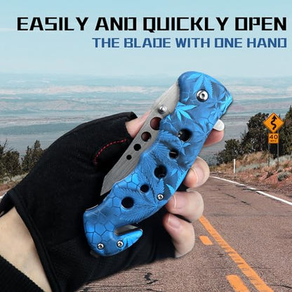 Kitory 3.3” Folding Poket Knife, Open Box Express Knife with Glass Breaker and Seatbelt Cutter, Good for Camping Hunting Survival Outdoor Activities, Blue