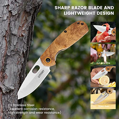 Kitory Pocket Knife 2.7"- EDC- Small Cute Folding Knife, D2 Stainless Sharp Blade with thick Wood Handle with Lanyard Hole, 2023 Gifts For Women and Men