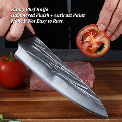 Forged Chef Knife 8", Handmade Full Tang Kitchen Knife - 9CrMoV18 High Carbon Steel - Hammered Finish - Non Sticky Blade
