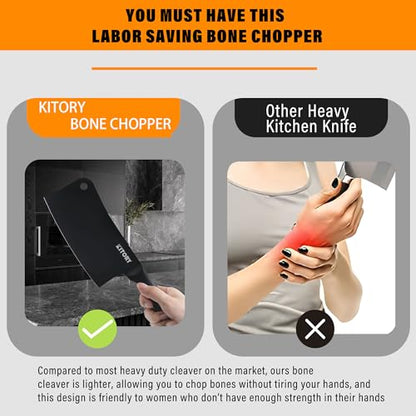 Kitory Meat Cleaver, Stainless Steel Professional Butcher Chopper Knife for Meat Vegetable, all Black Chinese Chefs Knife with Ergonomic Handle Holiday 2023 Gift