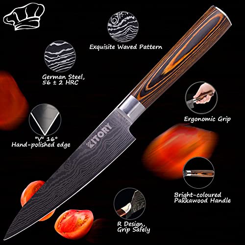 Kitory Kitchen Utility Knife 5 Inch, Small Chef Knife with Sheath, Ergonomic Pakkawood Handle, Sharp Cooking Knife for Home&Restaurant, 2024 Gifts For Women and Men