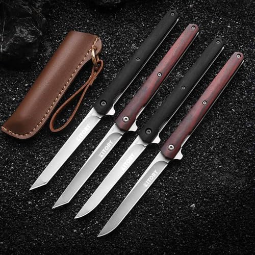 Kitory 4" Folding Pocket Knife, Small EDC Knife with Clip and Leather Sheath, Gift for Men, Dark Red wood handle 2023 Gifts For Women and Men