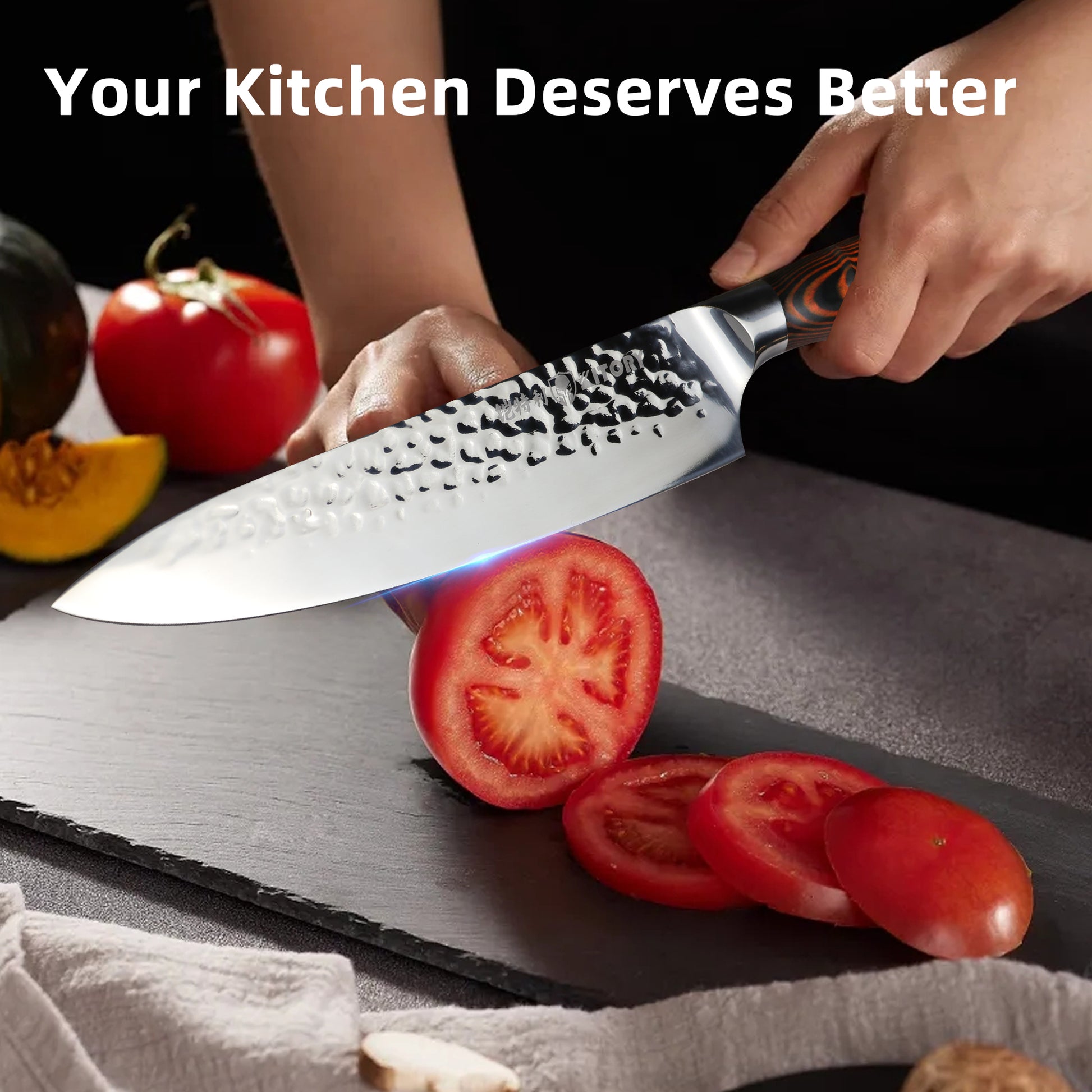 8" Chef Knife, Kitory Kitchen Chef Knives, HC German Stainless Steel, Hammered Ultra Sharp Blade, with Bamboo Handle Cooking Cutlery 2025 Gifts for Home & Restaurant - KITORY Cutlery
