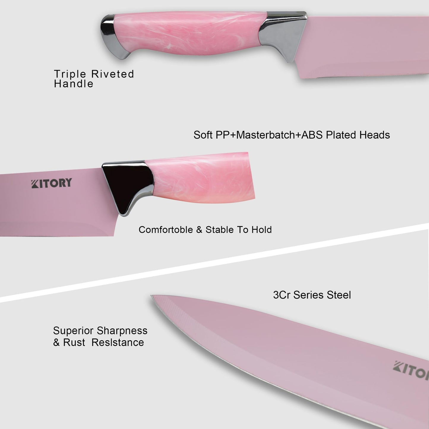 Kitory Knife Set 6 Pcs, Pink Kitchen Knives with block, chef knife, bread knife, multi-purpose knife and ergomic handle steak, paring knife with 2024 Gift Box