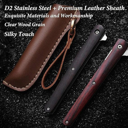 Kitory 4" Folding Pocket Knife, Small EDC Knife with Clip and Leather Sheath, 2023 Gifts for Men, Dark Red Wood Handle and thick blade