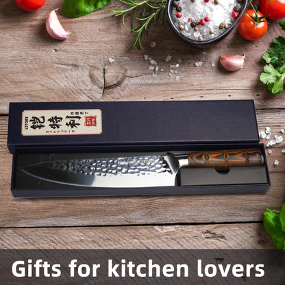 8" Chef Knife, Kitory Kitchen Chef Knives, HC German Stainless Steel, Hammered Ultra Sharp Blade, with Bamboo Handle Cooking Cutlery 2025 Gifts for Home & Restaurant - KITORY Cutlery