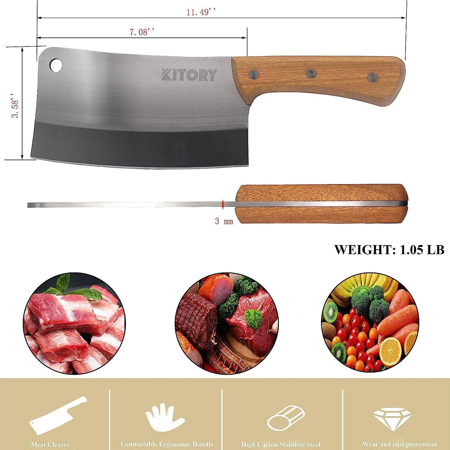 Kitory Meat Cleaver, 7'' Heavy Duty Chopper Butcher Knife Chinese Kitchen Chef’s Bone Cutter Full Tang 7CR17MOV High Carbon Stainless Steel, Pear Wood Handle 2024 Gifts For Women and Men