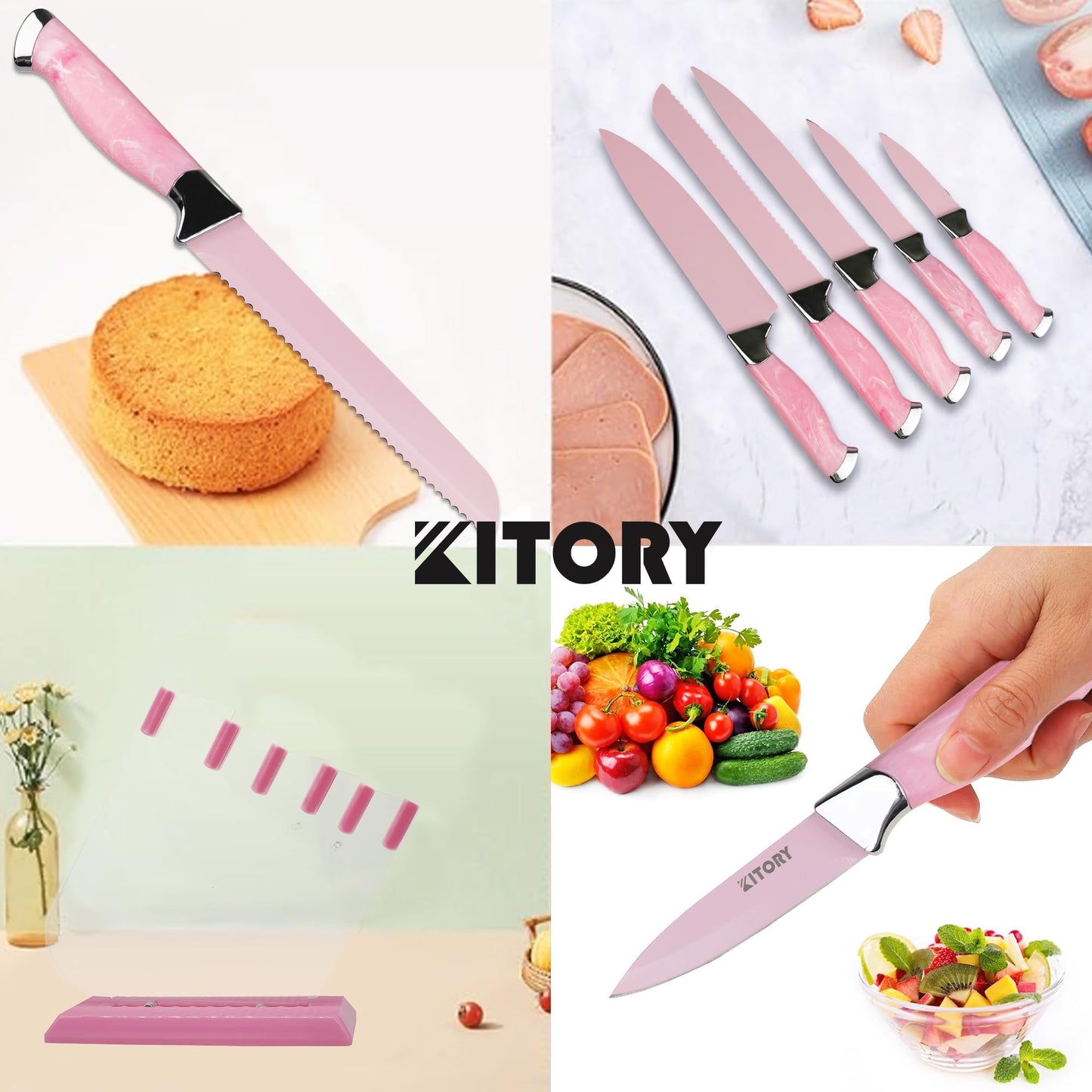 Kitory Knife Set 6 Pcs, Pink Kitchen Knives with block, chef knife, bread knife, multi-purpose knife and ergomic handle steak, paring knife with 2024 Gift Box