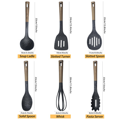 Kitory Nylon Cooking Kitchen Utensils Set 7 Pcs Set Non-stick Heat Resistan BPA, Wood Handle Best Kitchen Tools, Useful Pots and Pans Accessories, Black