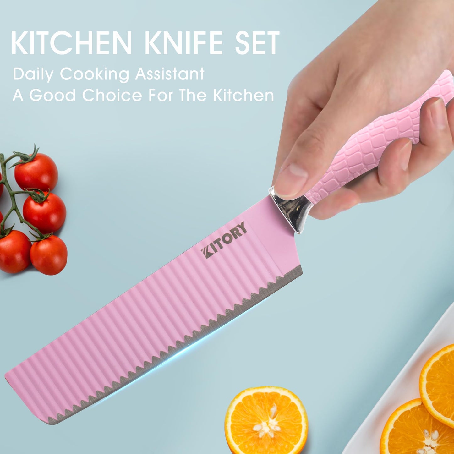 Kitory 6 Pcs Knife Set, Chef Knife Set & Steak Knives, High Carbon Stainless Steel Knives with Pink Wave Horseshoe Handle, Professional Design Collection Gifts