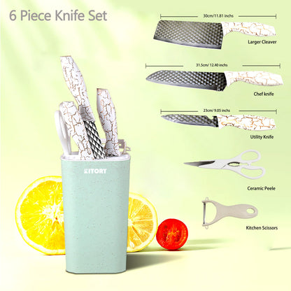 Kitory Knife Sets 6 Pcs with Knife Block, Chef Knife, Shears, Cleaver and peeler, white colore handle, 2024 Modern Kitchen Gifts