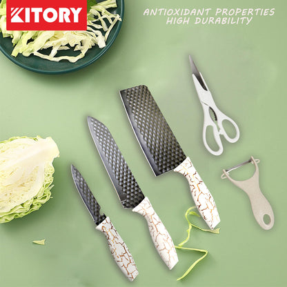 Kitory Knife Sets 6 Pcs with Knife Block, Chef Knife, Shears, Cleaver and peeler, white colore handle, 2024 Modern Kitchen Gifts