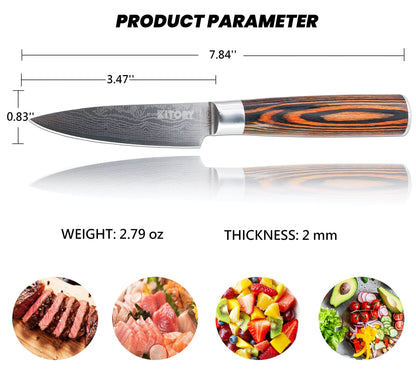 Kitory Paring Knife 3.5 inch, Kitchen Knife with Sheath, German Carbon Stainless Steel Ergonomic, Pakkawood Handle, Sharp Fruit Knife for Home&Restaurant, 2024 Gifts