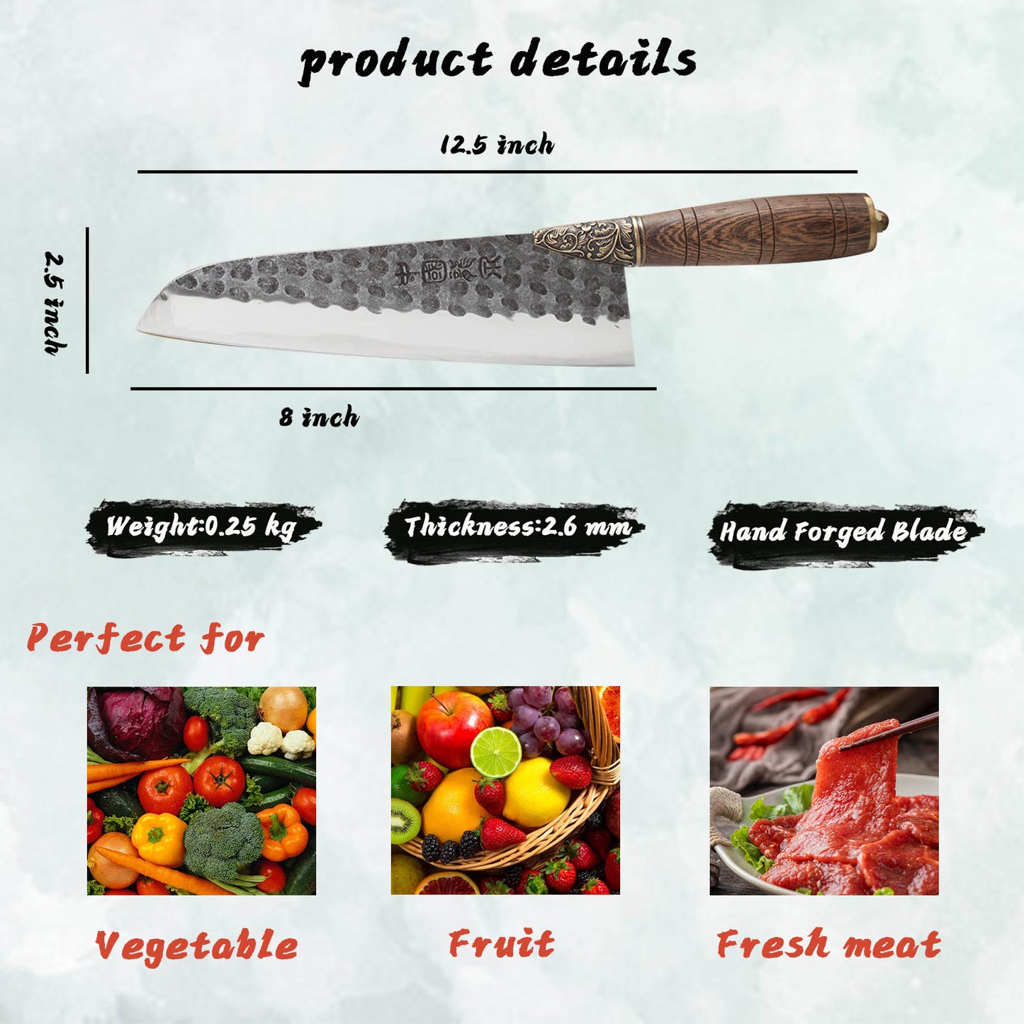 Long Quan Handmade Santoku Knife 8 Inch 9Cr18Mov Steel Pear Wood Handle With Gift Box