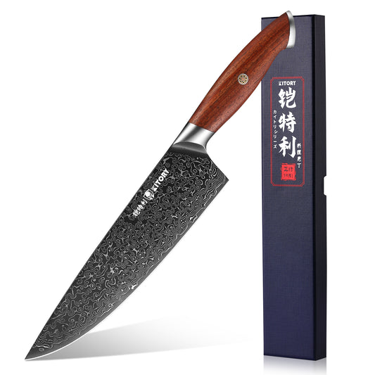 Damascus Chef Knife, 8 Inch Japanese High Carbon 67-layers VG10 Stainless Steel Kitchen Knife, Ultra Sharp Kitchen Knives with Full Tang Ergonomic Red sandalwood Handle for Kitchen and Restaurant - KITORY Cutlery