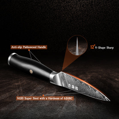 Japanese Damascus Paring Knife VG10 Damascus Steel Ultra Sharp 67 Layers Kitchen Paring Knife with Ergonomic Pakkawood Handle - Unique Gift for Men & Women (3.5 Inch Paring Knife) - KITORY Cutlery
