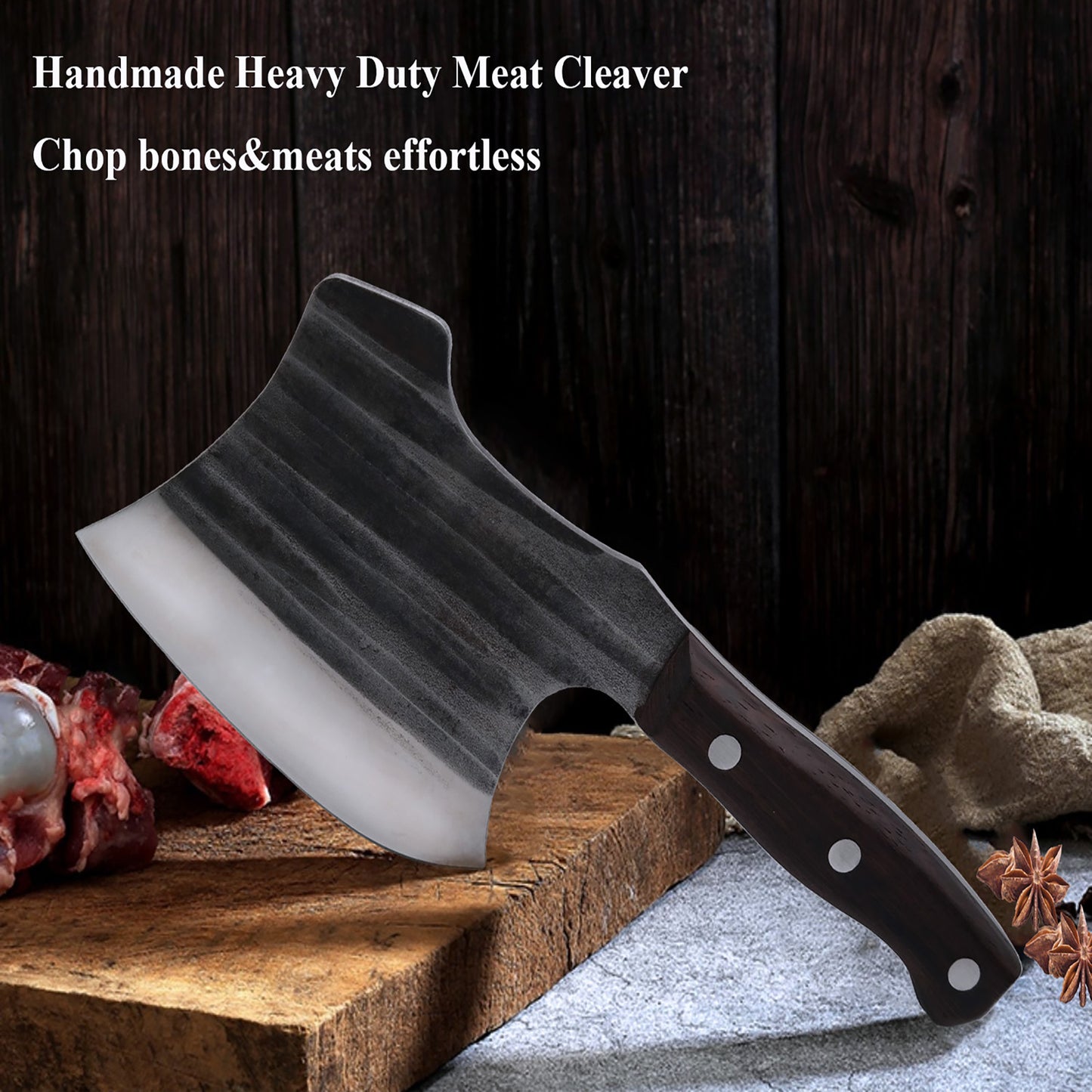 Kitory Heavy Duty Meat Cleaver Full Tang High Carbon Steel Wood Handle