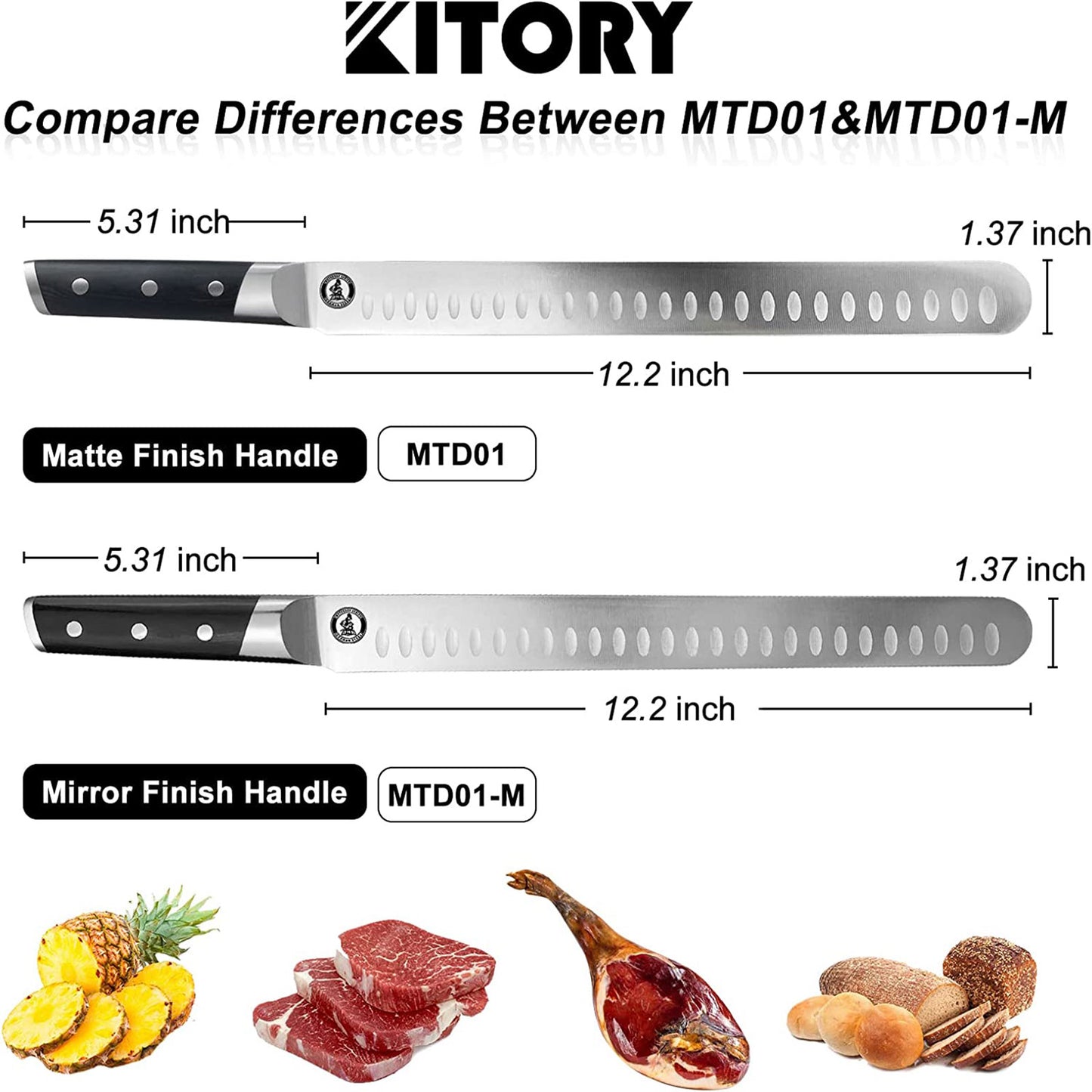 Kitory Slicing Carving Knife 12 Inch Forged German High Carbon Steel Granton Blade Mirror Finish Handle