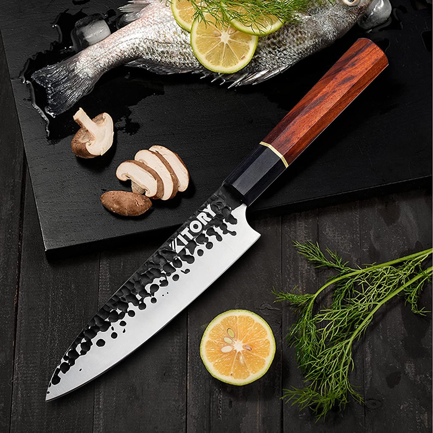 FAMCÜTE Japanese Chef Knife Set, 3 Layer 9CR18MOV Clad Steel w/octagon